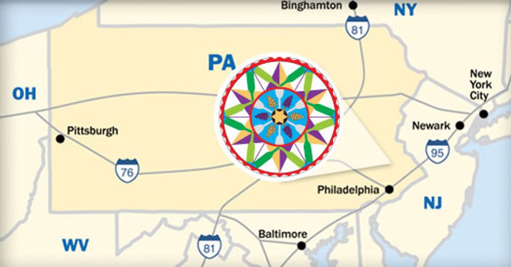 Mapa de la ubicación del Berks County Wine Trail en el sureste de Pensilvania, en relación con Filadelfia, Nueva York, Pittsburgh y Baltimore